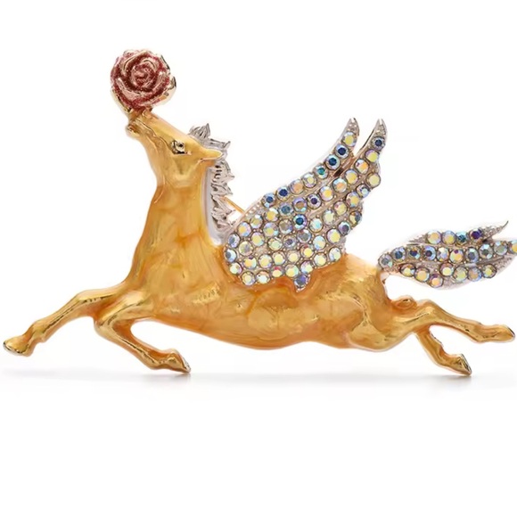 Anthropologie Jewelry - Golden Angel Horse Pegasus Brown Brooch with Rose Accent